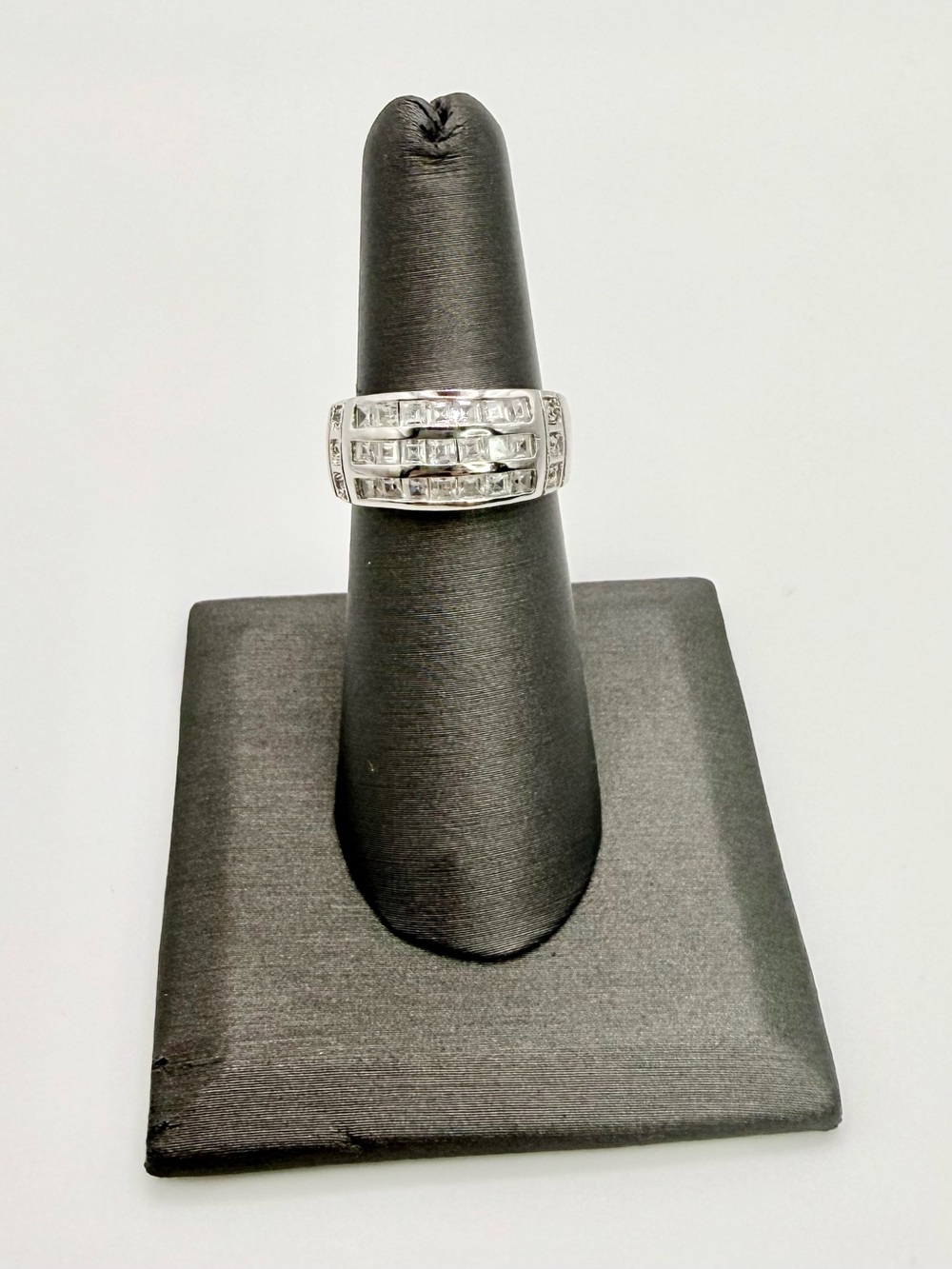 Vintage925 Sterling Silver Three Row Channel Set Square CZ Wide Band Ring Size 6